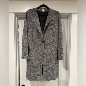 Dress barn long jacket with leather trim pocket - looks great with black pants!